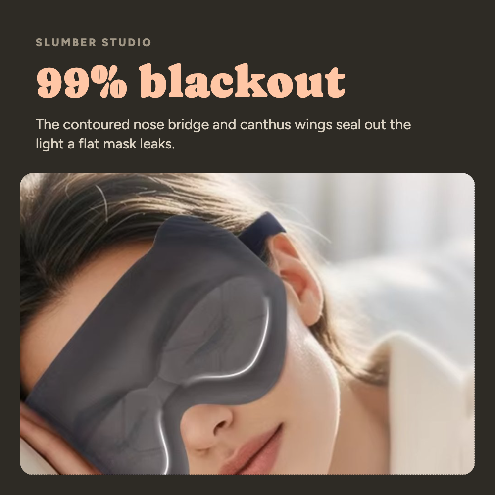 Slumber Studio sleep mask worn in bed for total darkness