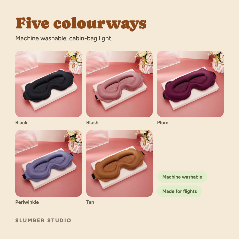 The five sleep mask colourways available with The Evening Ritual set